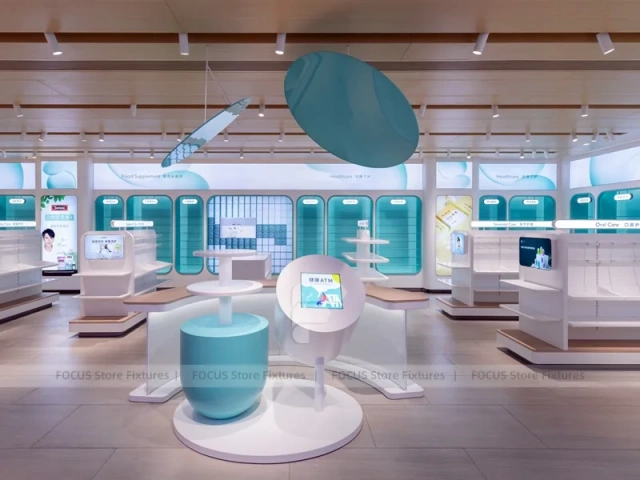Futuristic Teal White Pharmacy Island Counter Design