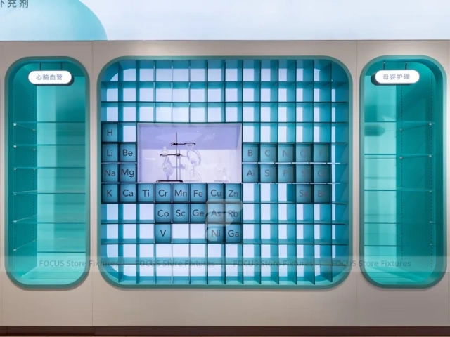 Futuristic Teal White Pharmacy Island Counter Design