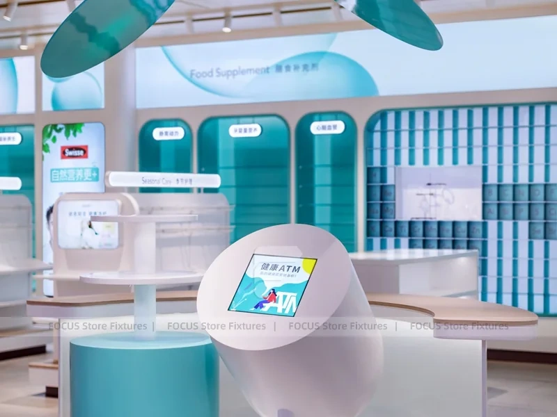 Futuristic Teal White Pharmacy Island Counter Design