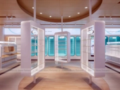 Futuristic Teal White Pharmacy Island Counter Design