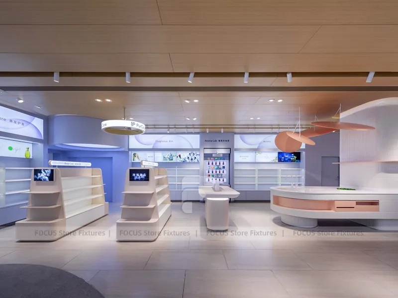 Futuristic Teal White Pharmacy Island Counter Design