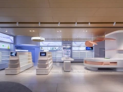 Futuristic Teal White Pharmacy Island Counter Design