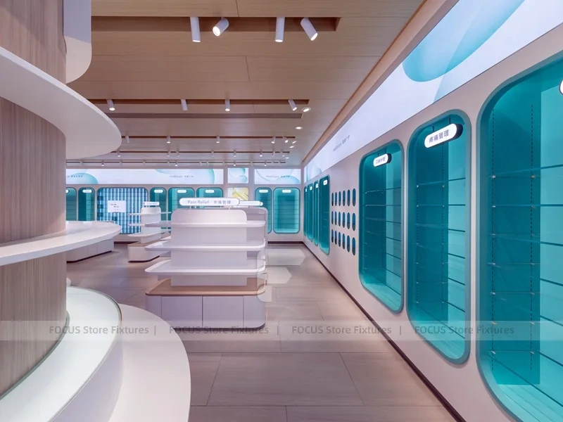 Futuristic Teal White Pharmacy Island Counter Design