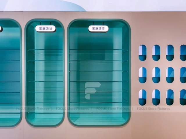 Futuristic Teal White Pharmacy Island Counter Design