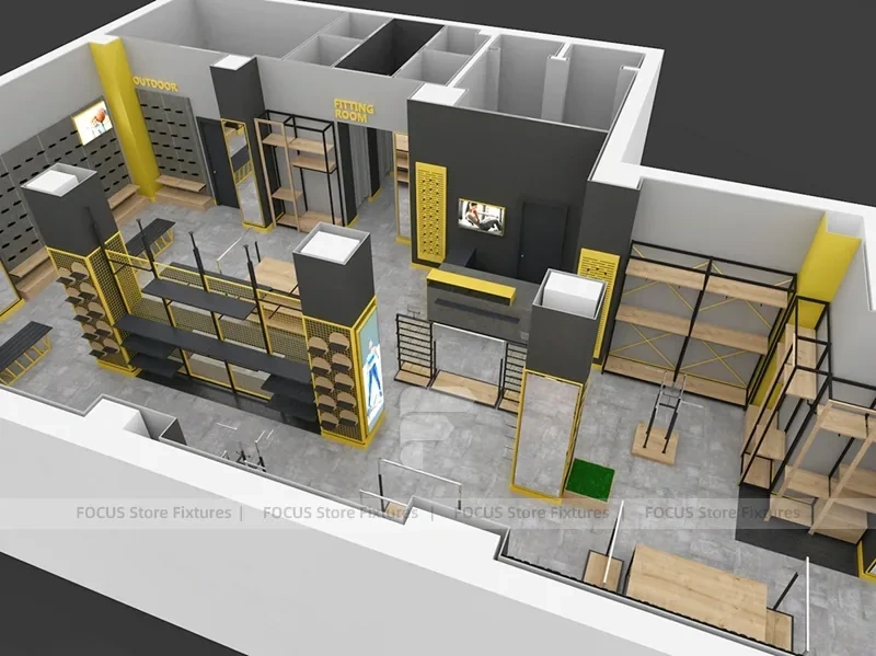 Goal Sports Retail Fixture Layout with Yellow Columns