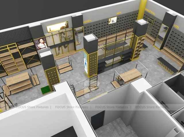 Goal Sports Retail Fixture Layout with Yellow Columns