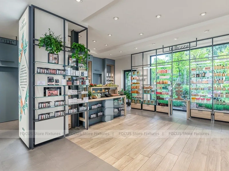 Gray Blue Pharmacy Wall Shelving with Plant Display