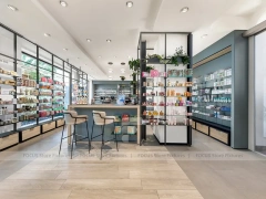 Gray Blue Pharmacy Wall Shelving with Plant Display