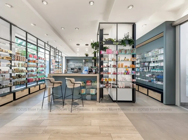 Gray Blue Pharmacy Wall Shelving with Plant Display