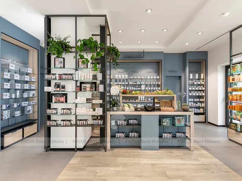 Gray Blue Pharmacy Wall Shelving with Plant Display