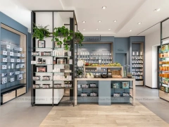 Gray Blue Pharmacy Wall Shelving with Plant Display