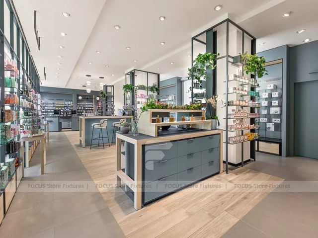 Gray Blue Pharmacy Wall Shelving with Plant Display