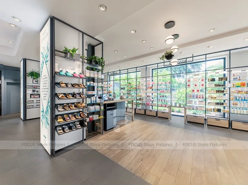 Gray Blue Pharmacy Wall Shelving with Plant Display