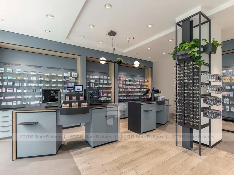 Gray Blue Pharmacy Wall Shelving with Plant Display