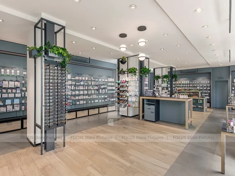 Gray Blue Pharmacy Wall Shelving with Plant Display