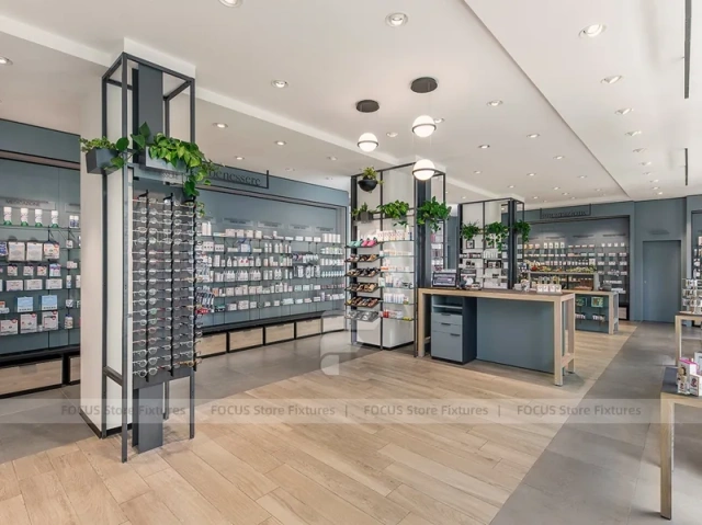 Gray Blue Pharmacy Wall Shelving with Plant Display