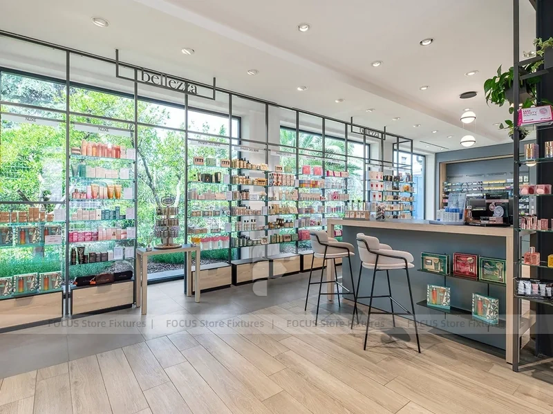 Gray Blue Pharmacy Wall Shelving with Plant Display