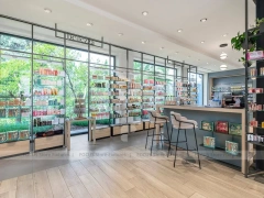 Gray Blue Pharmacy Wall Shelving with Plant Display