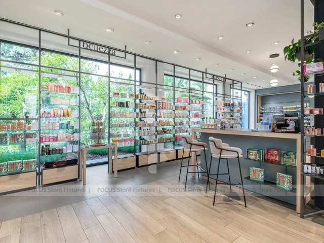 Gray Blue Pharmacy Wall Shelving with Plant Display