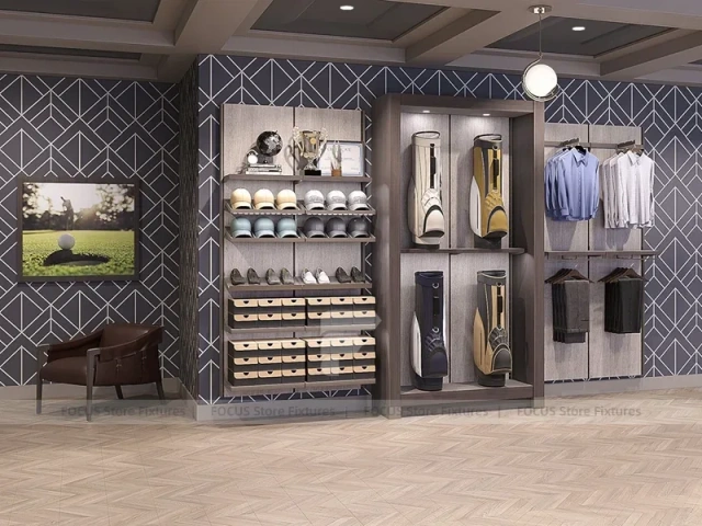 Gray Golf Cap Wall Display with Bench