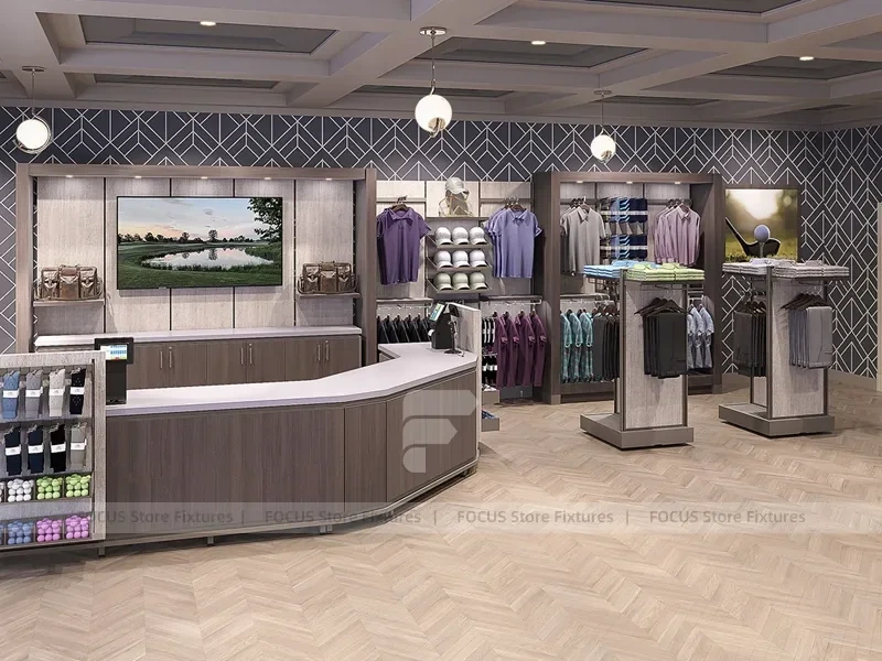 Gray Golf Cap Wall Display with Bench