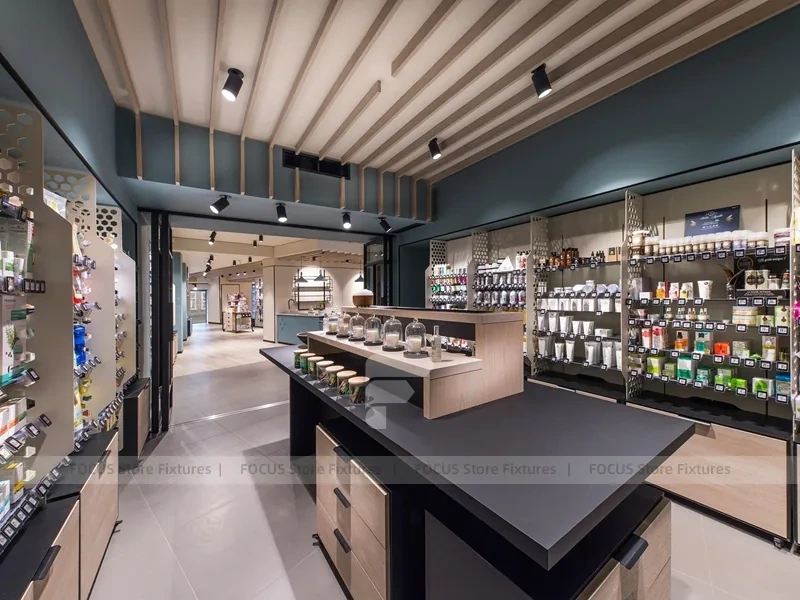 Gray Green Pharmacy Storefront and Counter Interior