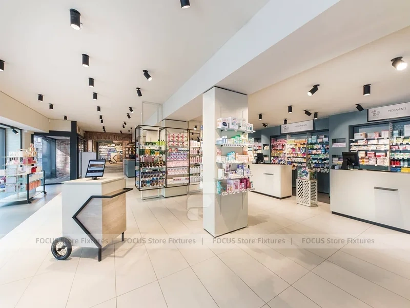 Gray Green Pharmacy Storefront and Counter Interior