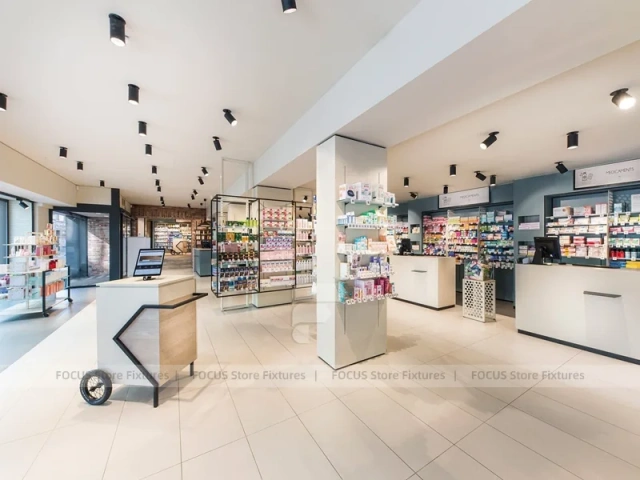 Gray Green Pharmacy Storefront and Counter Interior