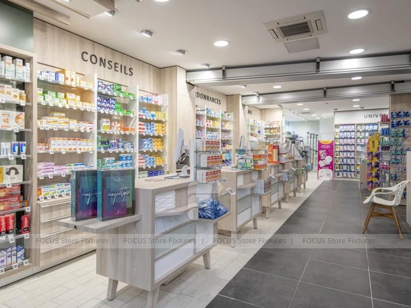 Gray Tile Pharmacy Shelving and Glass Gondola Interior