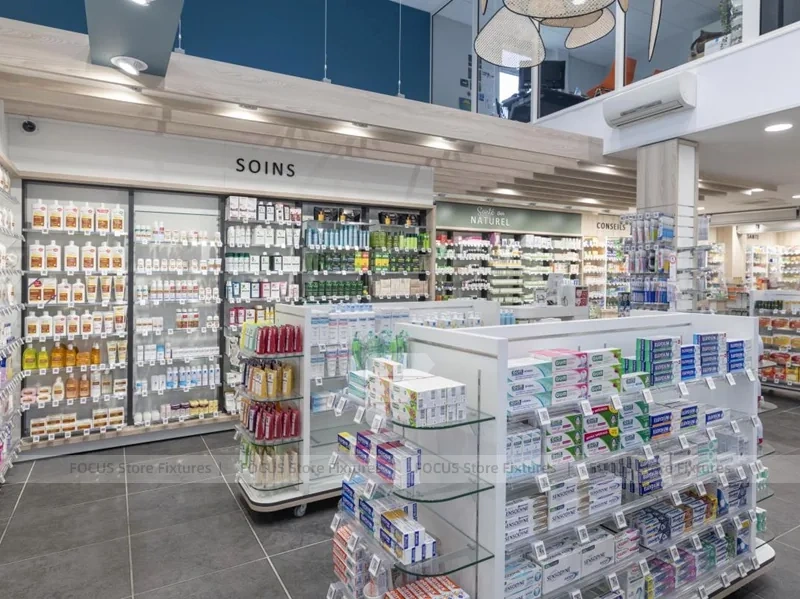 Gray Tile Pharmacy Shelving and Glass Gondola Interior