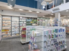 Gray Tile Pharmacy Shelving and Glass Gondola Interior