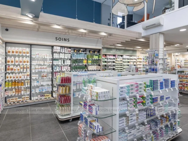 Gray Tile Pharmacy Shelving and Glass Gondola Interior