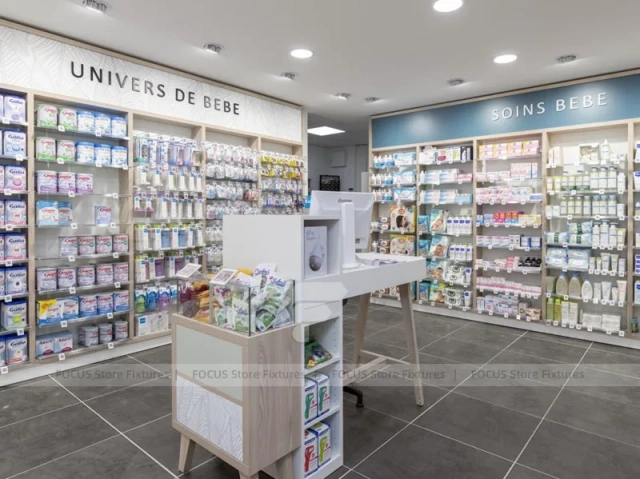 Gray Tile Pharmacy Shelving and Glass Gondola Interior