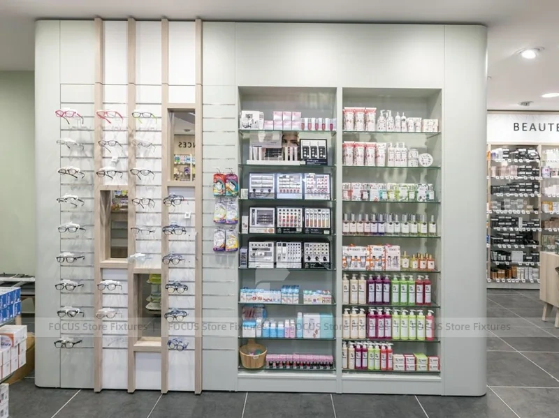 Gray Tile Pharmacy Shelving and Glass Gondola Interior