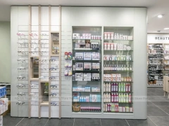 Gray Tile Pharmacy Shelving and Glass Gondola Interior