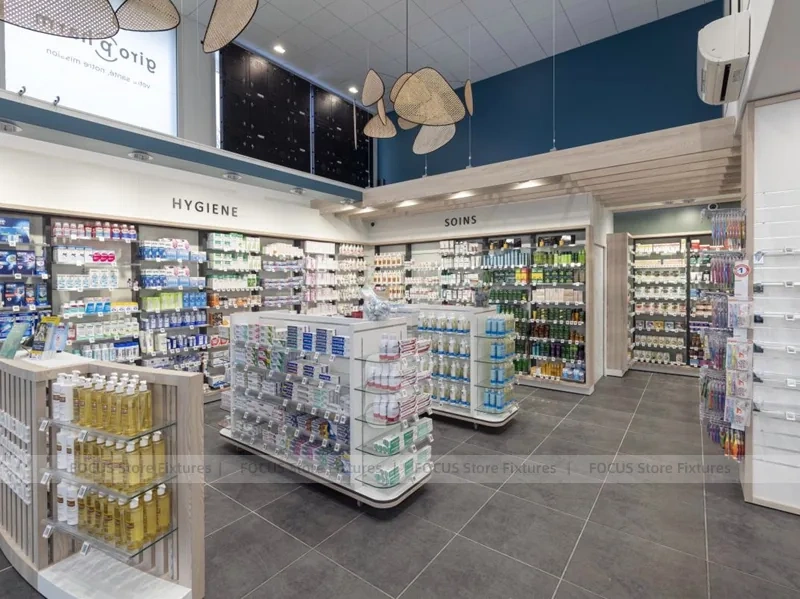 Gray Tile Pharmacy Shelving and Glass Gondola Interior