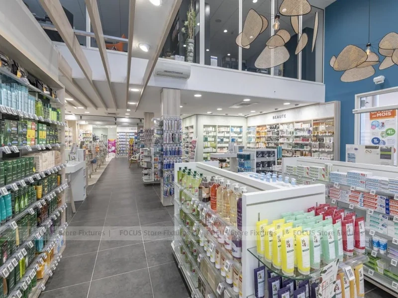 Gray Tile Pharmacy Shelving and Glass Gondola Interior