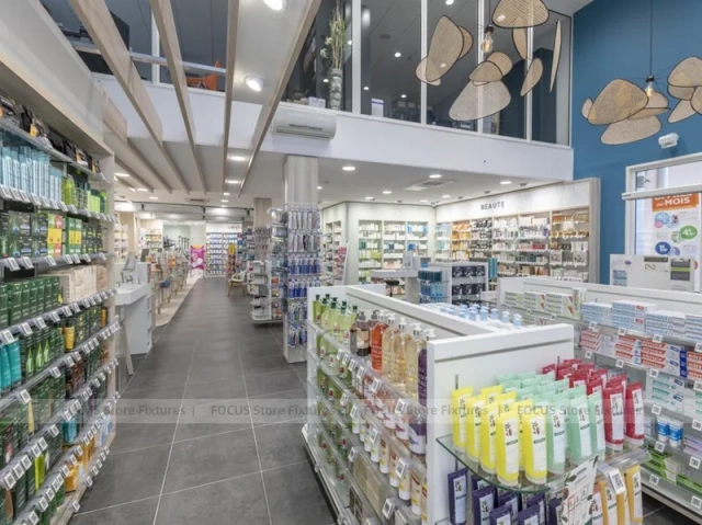 Gray Tile Pharmacy Shelving and Glass Gondola Interior