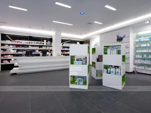 Gray White Pharmacy Counter and Illuminated Wood Shelves