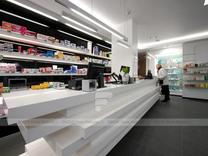 Gray White Pharmacy Counter and Illuminated Wood Shelves