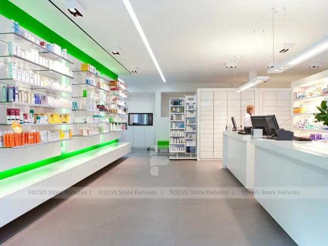 Gray White Pharmacy Counter and Illuminated Wood Shelves