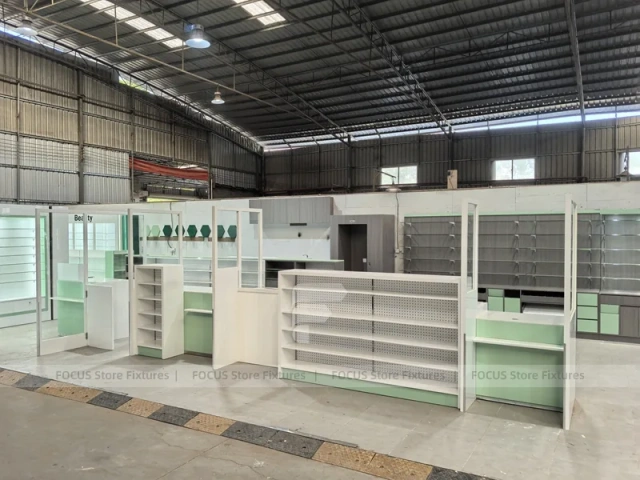 Green Accent Pharmacy Counter and Shelving Fixture Set