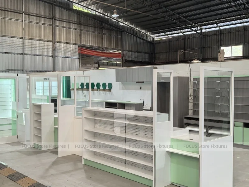 Green Accent Pharmacy Counter and Shelving Fixture Set