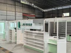 Green Accent Pharmacy Counter and Shelving Fixture Set