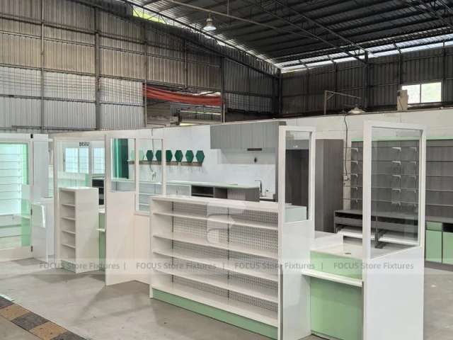 Green Accent Pharmacy Counter and Shelving Fixture Set