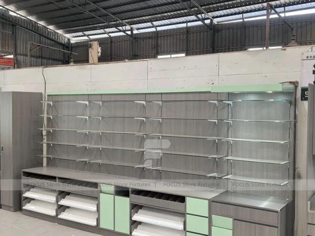 Green Accent Pharmacy Counter and Shelving Fixture Set