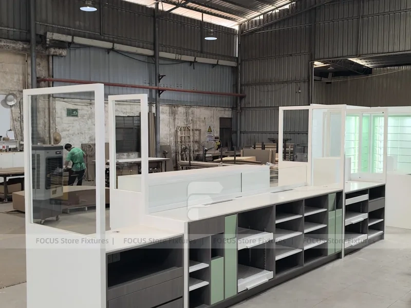 Green Accent Pharmacy Counter and Shelving Fixture Set
