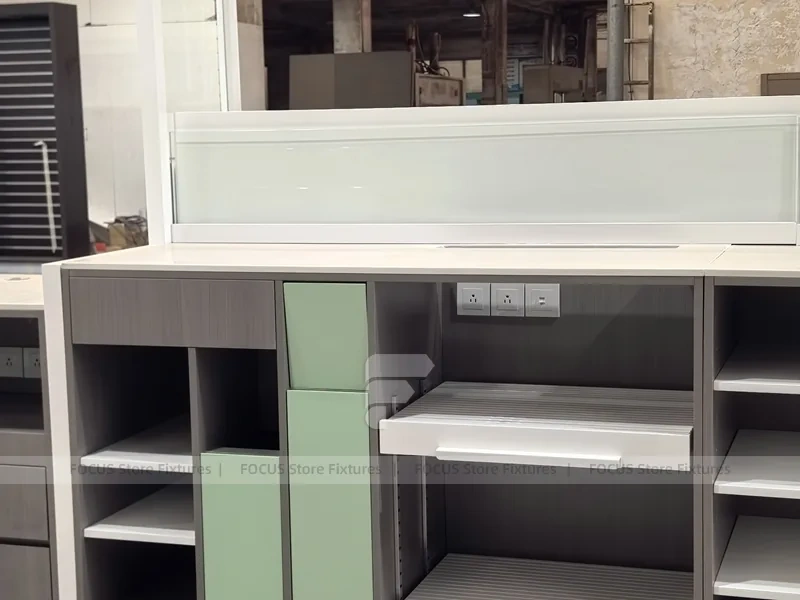 Green Accent Pharmacy Counter and Shelving Fixture Set