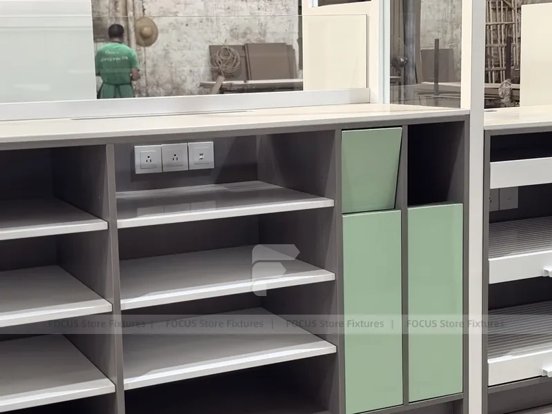 Green Accent Pharmacy Counter and Shelving Fixture Set