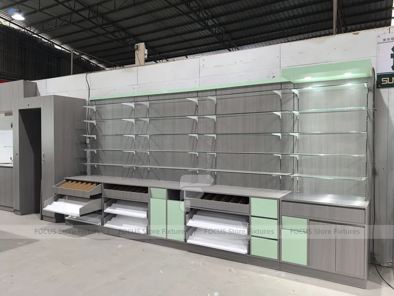 Green Accent Pharmacy Shelving and Checkout Fixture Set